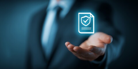 Businessman's open palm presents a glowing secure document icon in a corporate setting, concept for data protection, insurance policy and regulatory compliance