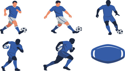 Soccer and rugby players vector, blue uniform athletes, kicking ball, running pose, sports illustration, competition artwork, dynamic movement, teamwork concept, game design