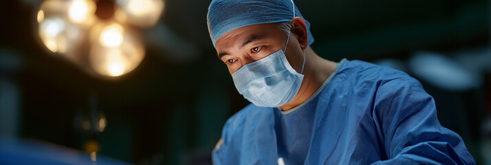 A focused surgeon in scrubs and a mask concentrates intently during an operation, symbolizing skill, dedication, and the high-stakes nature of the medical profession.