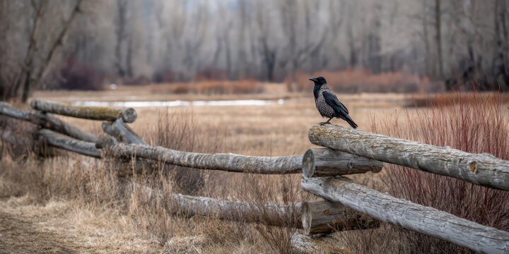 A black crow on a fence in winter