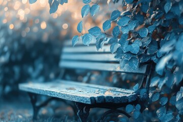 A tranquil park bench covered in morning frost, surrounded by cool blue leaves and warm, ethereal bokeh light.