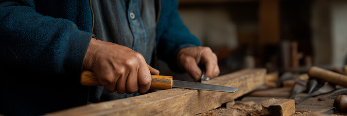 Close-up of skilled hands using a chisel on wood in a workshop, highlighting craftsmanship, dedication, and the artistry involved in woodworking.