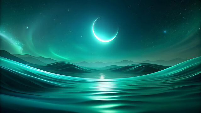 Mystical crescent moon illuminates glowing ocean waves under an aurora borealis sky - Powered by Adobe