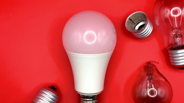 Modern LED lamp, saving electricity. Tungsten light bulb lamp. Non-working light bulb, broken light bulb. Concept of light and dark, idea, electricity copy space, flay lay, top view. High quality