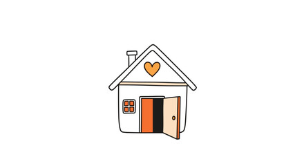 A charming doodle of a simple house with an open door and a heart on its roof.