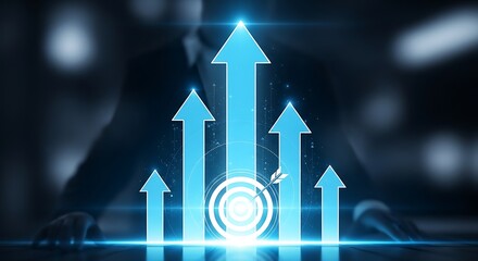 Glowing blue arrows pointing upwards representing business growth and financial success with a futuristic digital interface in the background