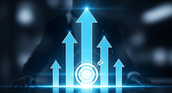 Glowing blue arrows pointing upwards representing business growth and financial success with a futuristic digital interface in the background