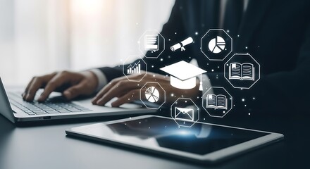 Business professional using laptop and tablet with futuristic digital interface displaying data analytics and learning icons