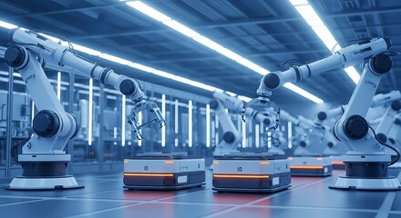 Advanced robotic arms and automated guided vehicles working together in a futuristic blue lit factory assembly line environment