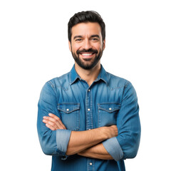 A smiling man with a beard wearing a denim shirt with his arms crossed isolated on transparent background