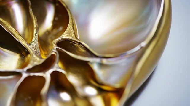 Golden Nautilus Shell: Macro View of Intricate Spiral Structure and Iridescent Surface