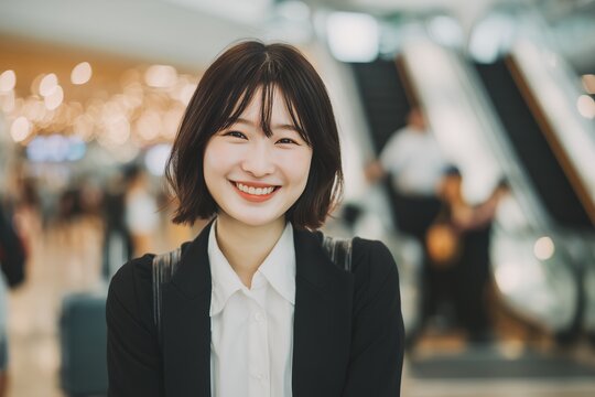 Cheerful Asian female assistant manager smiling in modern airport with escalator background, concept for business travel, corporate communication and international commerce