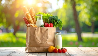 Fresh groceries in a paper bag on a sunny day.