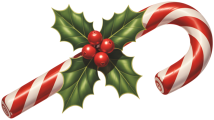 Classic red and white striped candy cane decorated with green holly leaves and red berries isolated on transparent background