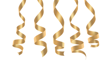 Golden streamers hanging and swirling in a festive celebration against a dark background isolated on transparent background