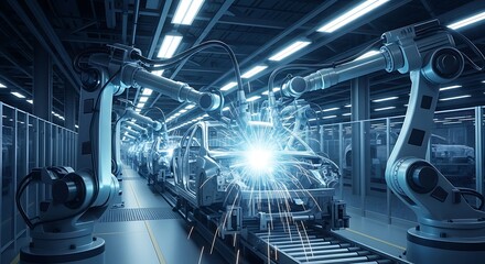 Advanced robotic arms performing precise automated tasks on a futuristic assembly line in a modern factory setting
