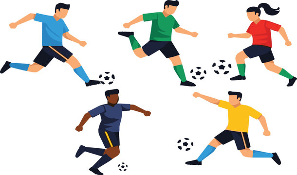 Soccer players action poses, diverse team uniforms, football dribbling, kicking ball, running movement, sports illustration, athletic competition, dynamic vector artwork