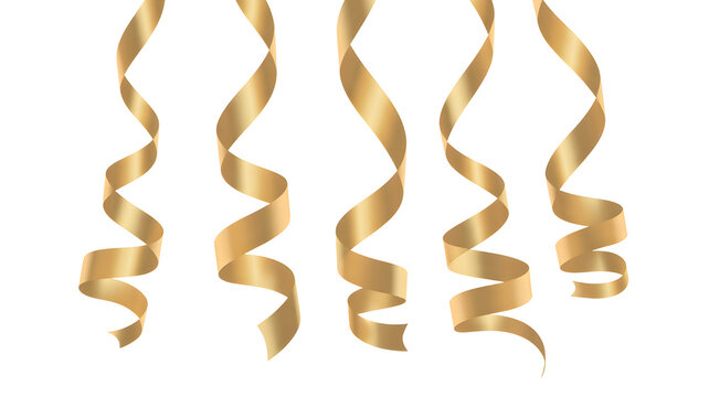 Golden streamers hanging and swirling in a festive celebration against a dark background isolated on transparent background