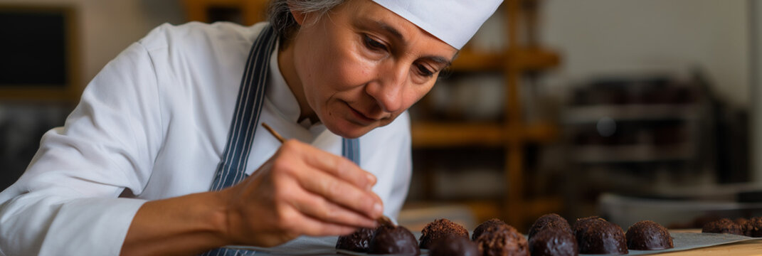 A dedicated pastry chef artistically decorating chocolate truffles, showcasing exquisite attention to detail and passion for confectionery art in a professional kitchen.