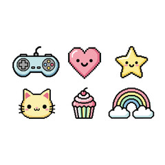Cute pixel art icons featuring a game controller, heart, star, cat, cupcake, and rainbow on a white background.