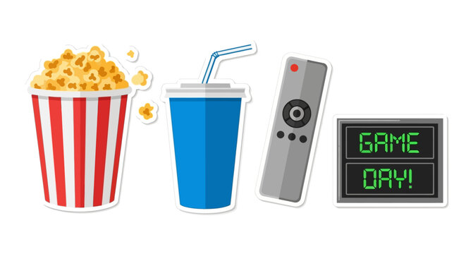 Graphic set of home entertainment essentials for game day or movie night popcorn, drink, remote, 'Game Day!' sign