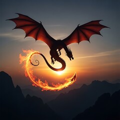 Majestic silhouette of a fiery dragon soaring through a dramatic sunset sky with glowing wings