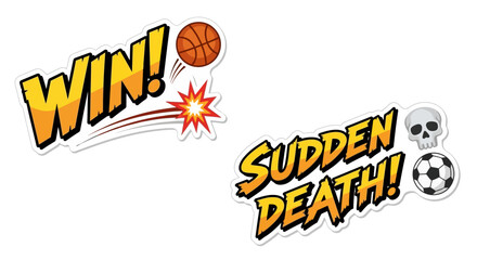 Energetic pop art graphics illustrating thrilling sports moments, featuring victory celebrations and intense sudden death outcomes for competitive events
