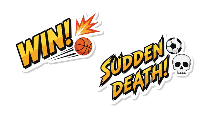 Dynamic vector graphic badges for sports competition outcomes, featuring vibrant 'WIN!' and 'SUDDEN DEATH!' text with iconic game elements and explosive effects