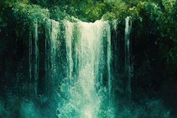 A vibrant, painterly depiction of a lush green jungle waterfall, with turquoise waters cascading into a misty pool below.