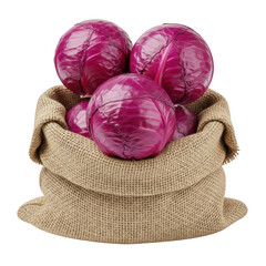 Red cabbage in burlap sack isolated on transparent background