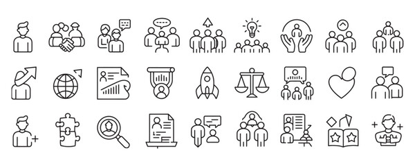 Explore business development icons representing growth, team building, global reach, and strategic thinking in a clean, modern style for your project