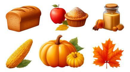 Colorful Autumn Harvest Collection with Bread, Pumpkin, Apple, and Maple Leaf
