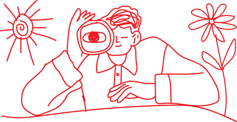 Person looking through a magnifying glass at a flower and sun whimsical line drawing in red shows a person examining nature with a magnifying glass, surrounded by stylized sun and flower.