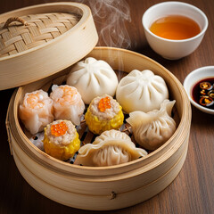Steaming dim sum on a bamboo tray with sauces on a wooden table