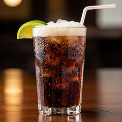 Glass of cola with lime, refreshing, on a wooden table