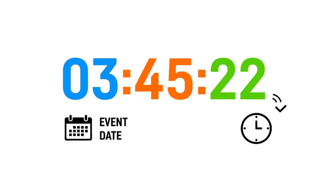 Dynamic digital countdown timer display for tracking important events, project deadlines, and real-time schedules, featuring vibrant multi-colored numbers and clean graphic icons