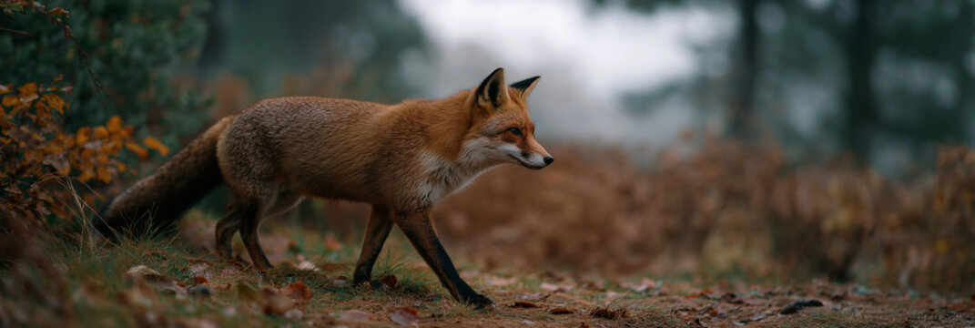 A majestic fox wanders through a foggy forest landscape, embodying the essence of wildlife and the serene beauty of nature in early morning light. - Powered by Adobe