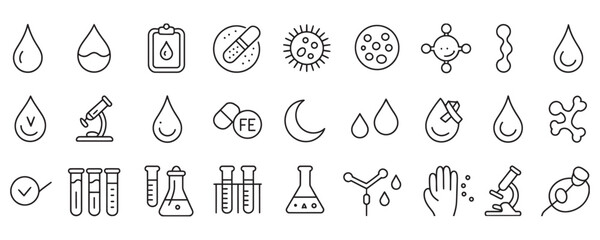 Essential medical lab icons showcasing blood analysis, research, and scientific healthcare with modern line art aesthetic for health and wellness branding