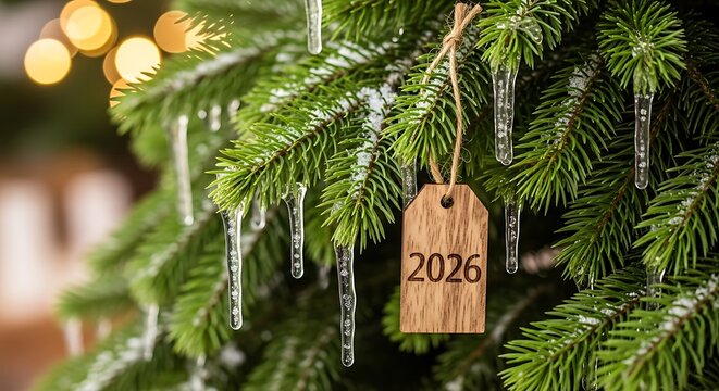 Elegant 2026 Christmas tree decoration with icicles and festive background