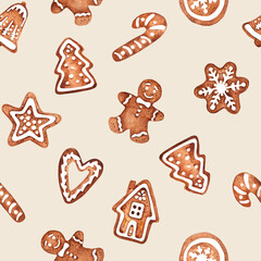 Christmas Gingerbread Cookies on light beige pattern background