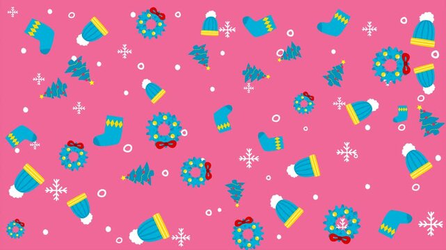 4k animated of seamless christmas pattern featured cute icon of christmas tree, wreath, glove, and winter hat. Looping animation for winter holiday background or video presentation.