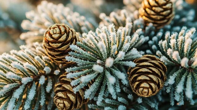 Frosted pine branches with golden cones in sunlight, natural winter background with copy space