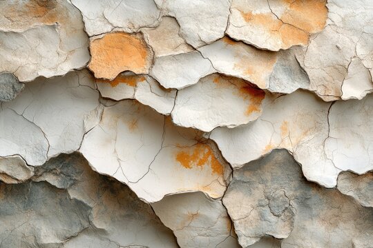 Abstract textured background featuring dry, cracked layers of material in natural earthy tones like white, grey, and ochre. - Powered by Adobe