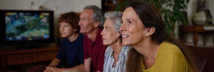 A cheerful family engaging in a shared experience as they watch television, showcasing the warmth and connection that comes with family bonding in a cozy living room.