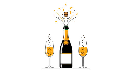 Champagne Bottle Popping Cork Toasting Glasses Celebration Sparkle Vector Illustration