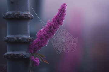 Vibrant purple flower spike adorned with glistening dew and a delicate, shimmering spiderweb beside an old, weathered metal post.