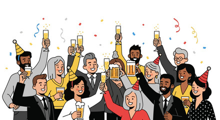 Diverse Group of Professionals Celebrating Success with Champagne and Confetti