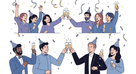 Diverse Group of Friends and Colleagues Celebrating Success with Champagne Toast and Confetti