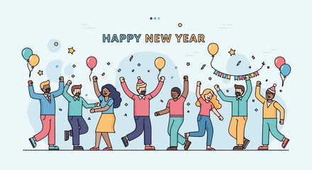 Happy New Year Celebration with Diverse Group of People Dancing and Cheering Confetti and Balloons