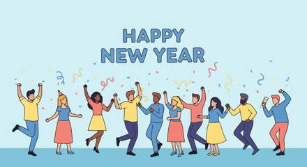 Diverse Group of People Celebrating Happy New Year with Confetti and Party Hats Vector Illustration